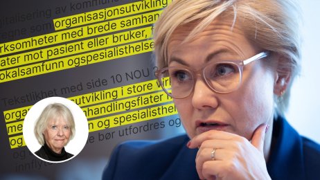 Bildet viser en montasje av Ingvild Kjerkol og tekstutdrag fra mastergraden hennes.