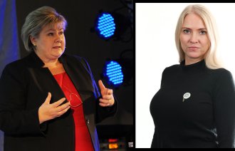 Bildet viser statsminister Solberg og NSF-leder Larsen