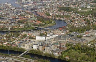 Bildet er et flyfoto av St. Olavs hospital