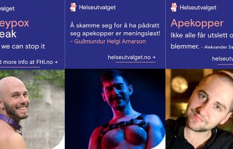 Bildet viser tre annonser som stiftelsen Helseutvalget har publisert på appen Grindr