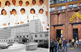 Montasjen viser det første kullet av kreftsykepleierstudenter, Radiumhospitalet i 1982 og Oslomet i 2018.