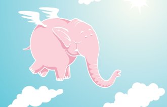 Illustrasjon av rosa elefant omgitt av skyer