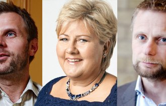 Bildet viser en collage av Torgeir Micaelsen, Erna Solberg og Bent Høie.