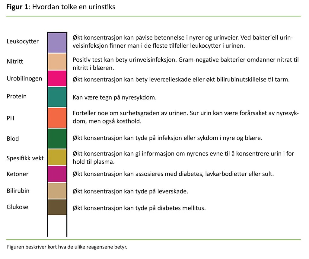 Figuren viser hvordan man tolker en urinstix. Figuren beskriver kort hva de ulike reagensene betyr.