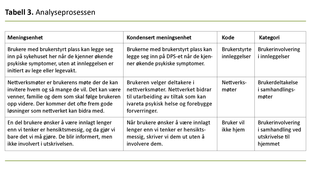 Tabell 3. Analyseprosessen