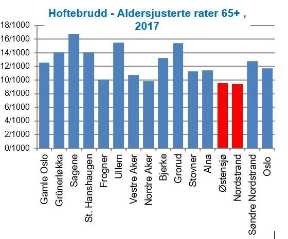 grafen viser insidenstall for hoftebrudd per 1000 eldre over 65 år