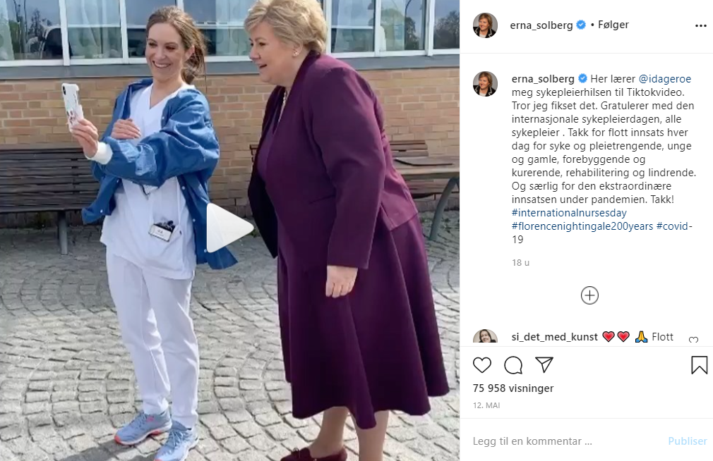 Bildet er en skjermdump av Erna Solbergs innlegg på Instagram.