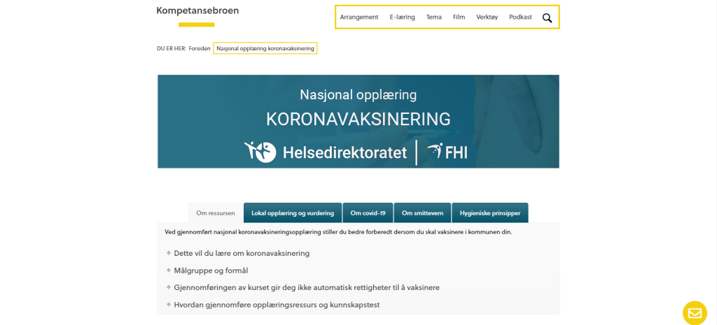 Bildet viser en skjermdump av den nasjonale opplæringen i koronavaksinering.