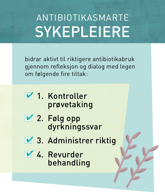 Bildet viser et kort der det står fire huskeregler til sykepleiere om antibiotika.