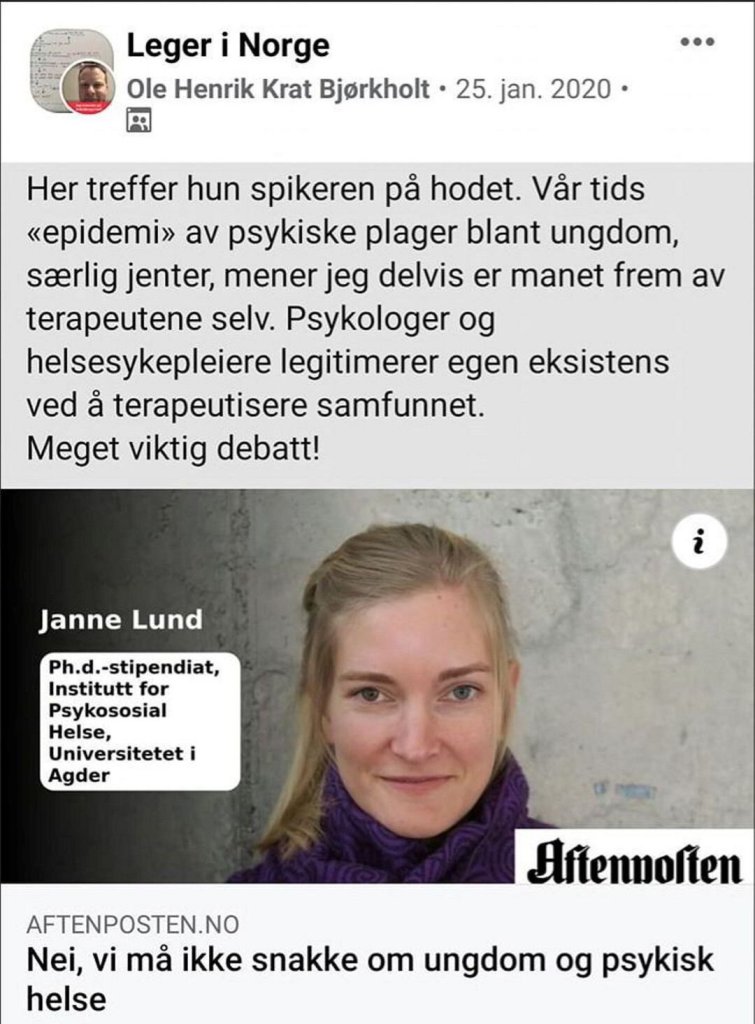 Skjermdump av Bjørkholt innlegg på gruppen "Leger i Norge".