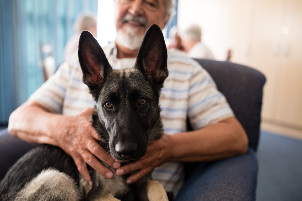 Bildet viser en eldre mann med en hund på fanget.