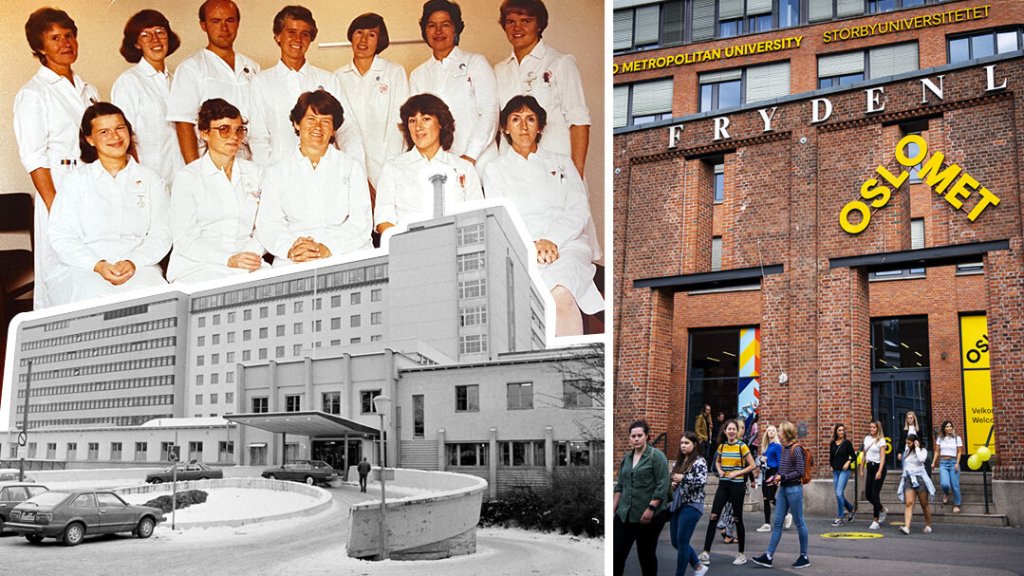 Montasjen viser det første kullet av kreftsykepleierstudenter, Radiumhospitalet i 1982 og Oslomet i 2018.