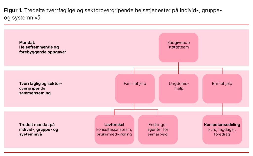 Figur 1. Tredelte tverrfaglige og sektorovergripende helsetjenester på individ-, gruppe- og systemnivå