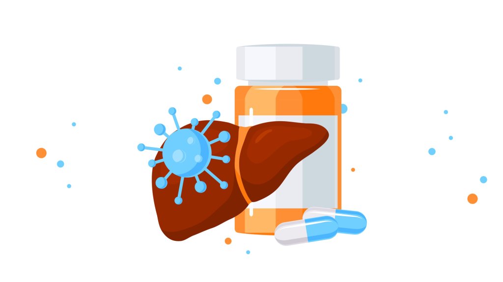 The illustration shows a liver and a glass with some pills on front of it