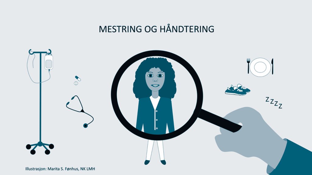 Illustrasjonen viser diverse dialyseutstyr på venstre side og private elementer på høyre side, som middagstallerken, sko og symbol for søvn. I midten står det "mestring og håndtering", og et forstørrelsesglass holdes over en ung kvinne/jente