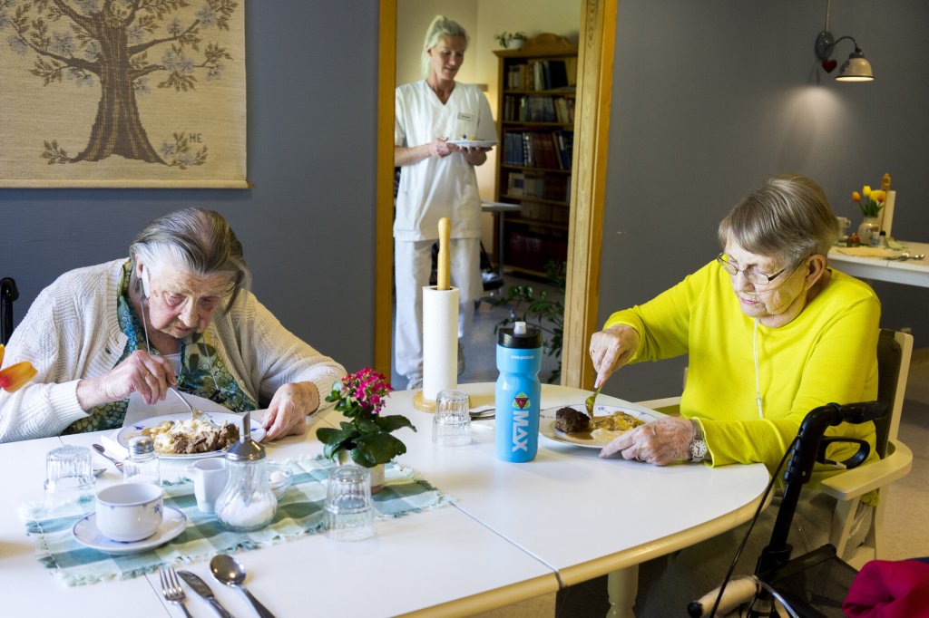 Bildet viser to sykehjemsbeboere som spiser middag