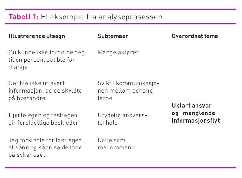 Tabell 1, eksempel, analyseprosessen