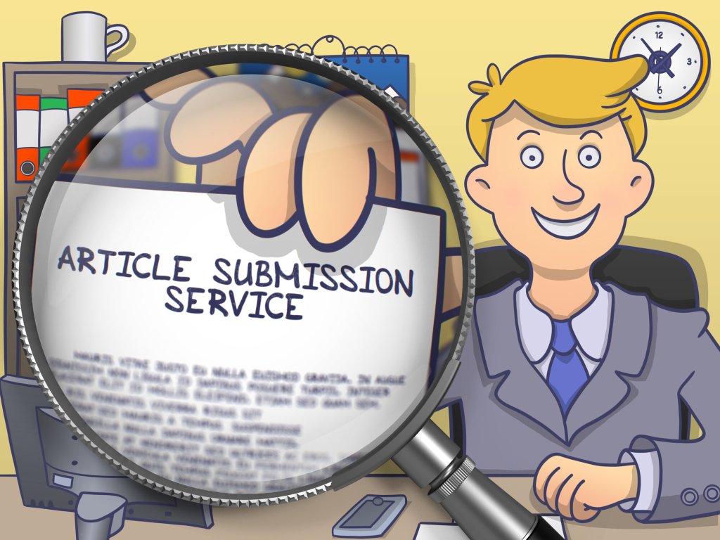 Illustrasjon av en mann på kontor som holder opp en artikkel som ses gjennom et forstørrelsesglass. Teksten på artikkelen lyder: "Article Submission Service".