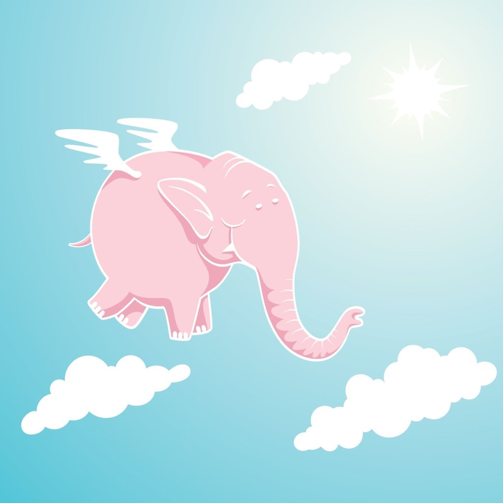 Illustrasjon av rosa elefant omgitt av skyer