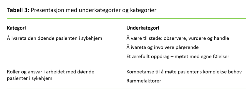 Tabell 3. Presentasjon med underkategorier og kategorier