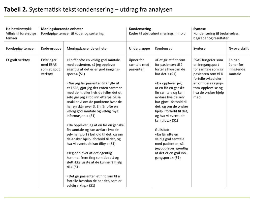 Tabell 2. Systematisk tekstkondensering – utdrag fra analysen 