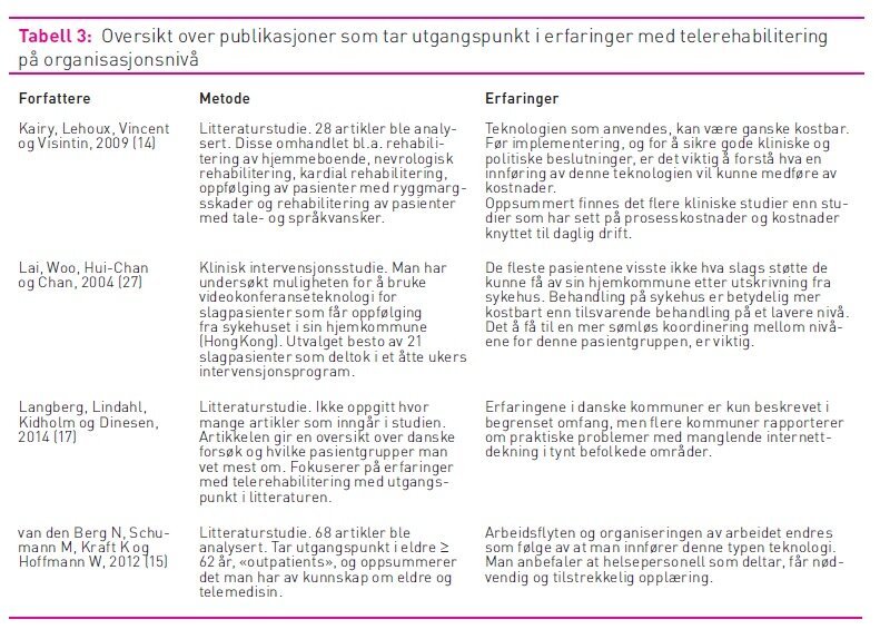 Tabell 3 viser en oversikt over publikasjoner som tar utgangspunkt i erfaringer med telerehabilitering på organisasjonsnivå.