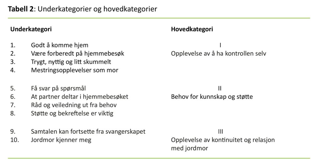 Tabell 2: Underkategorier og hovedkategorier