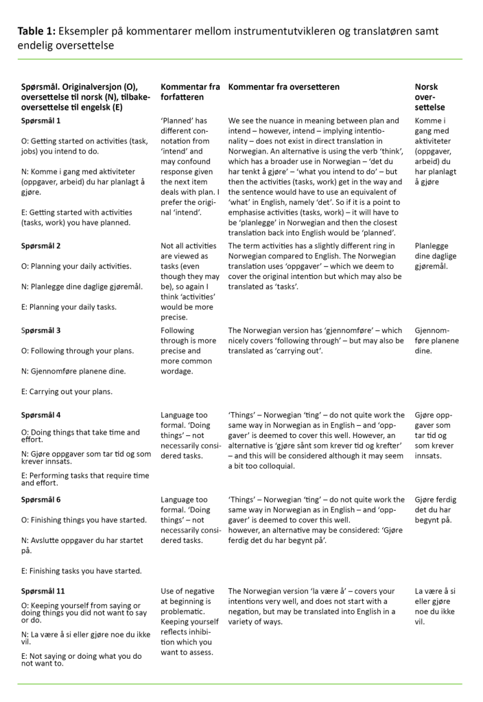 Tabell 1. Eksempler på kommentarer mellom instrumentutvikleren og translatøren samt endelig oversettelse