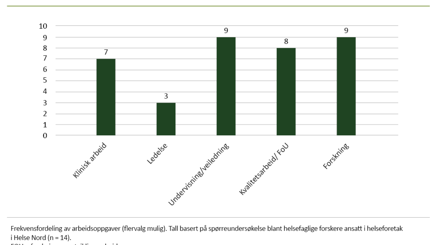 Figur 3. Helsefaglige forskeres arbeidsoppgaver i helseforetaket