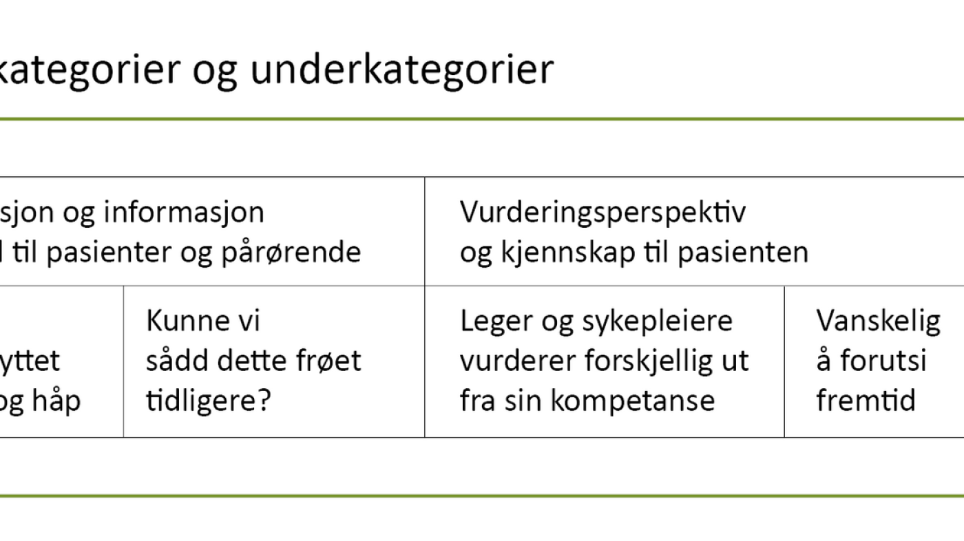 Tabell 2. Oversikt over kategorier og underkategorier