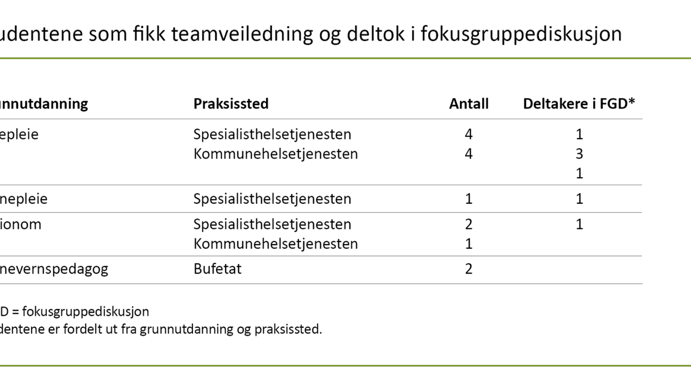 Tabell 4. Studentene som fikk teamveiledning og deltok i fokusgruppediskusjon