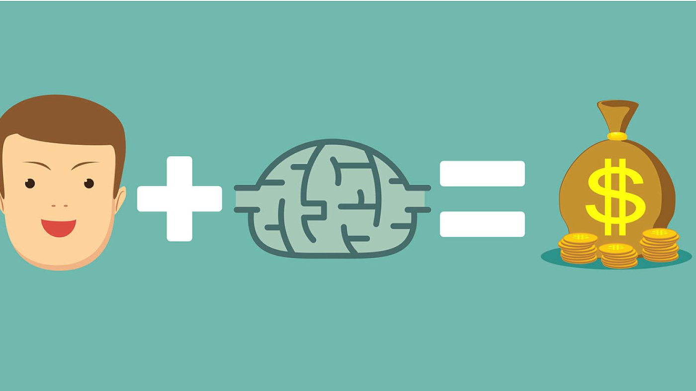 Illustrasjonen viser regnestykket: et ansikt + en hjerne = en pengesekk