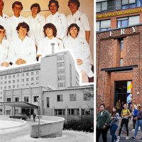 Montasjen viser det første kullet av kreftsykepleierstudenter, Radiumhospitalet i 1982 og Oslomet i 2018.